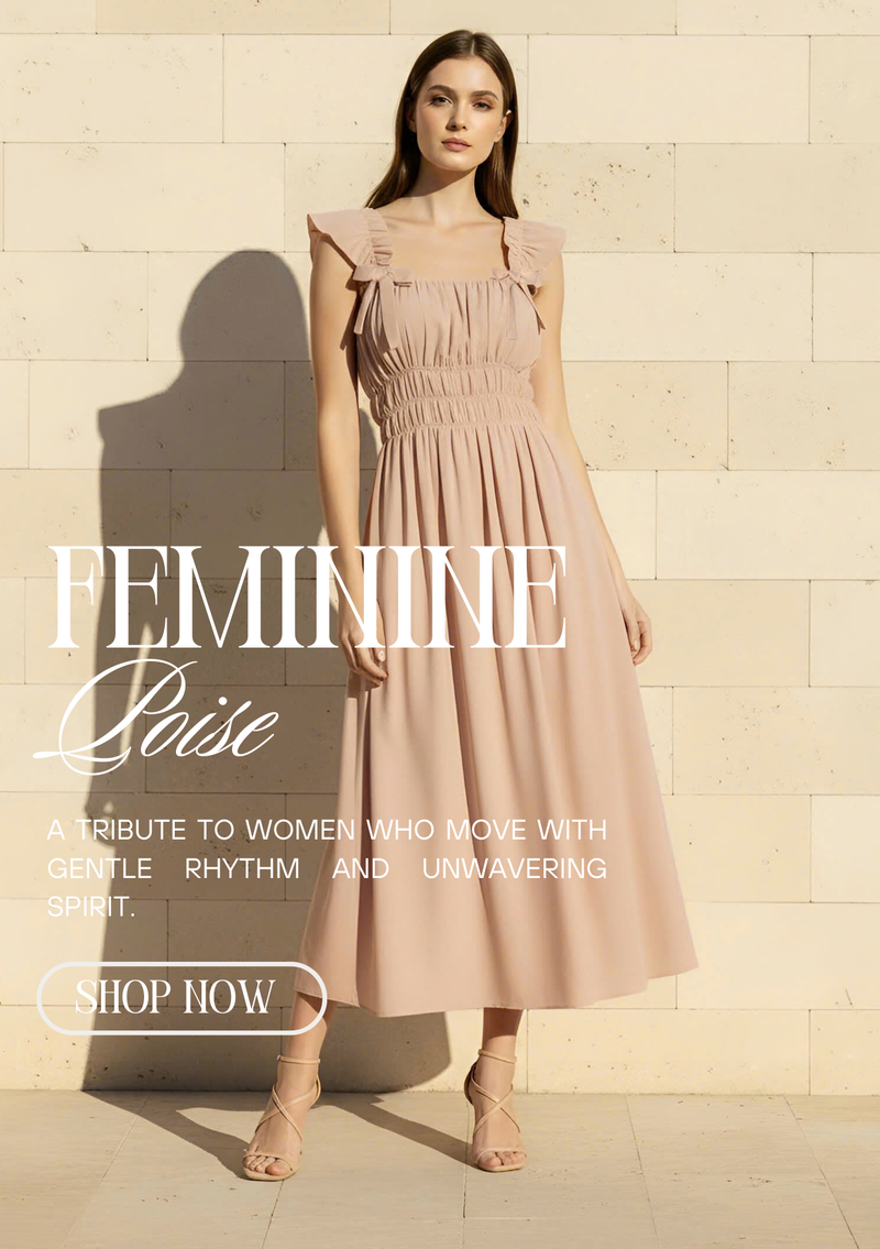 Woman wearing a pink dress with text about feminine poise on a beige background