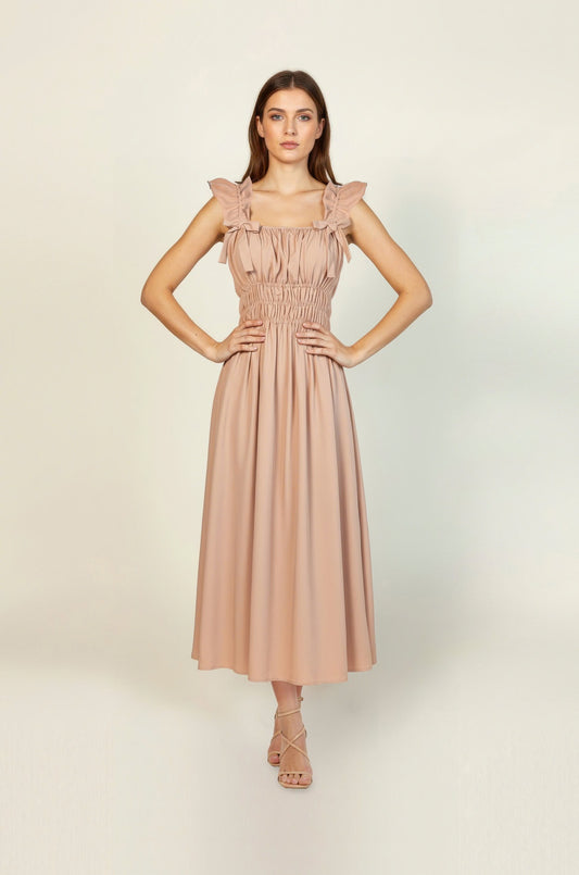 Sand Beige Ruched Strap Dress