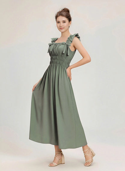 Sage Green Ruched Strap Dress