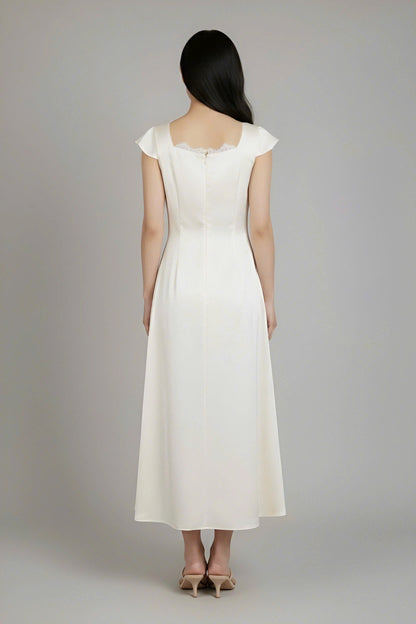 Lace-Trimmed Cream Satin Buttoned Dress