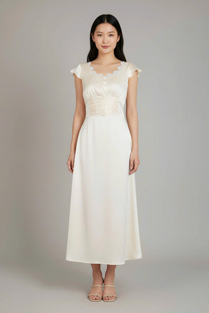 Lace-Trimmed Cream Satin Buttoned Dress