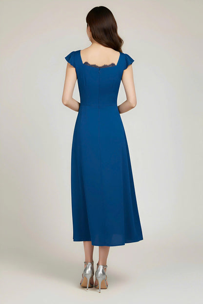 Lace-Trimmed Cream Satin Buttoned Dress