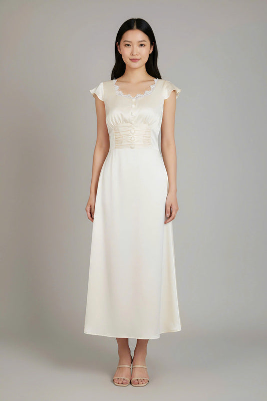 Lace-Trimmed Cream Satin Buttoned Dress