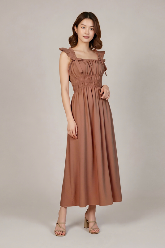 Rose Brown Ruched Strap Dress