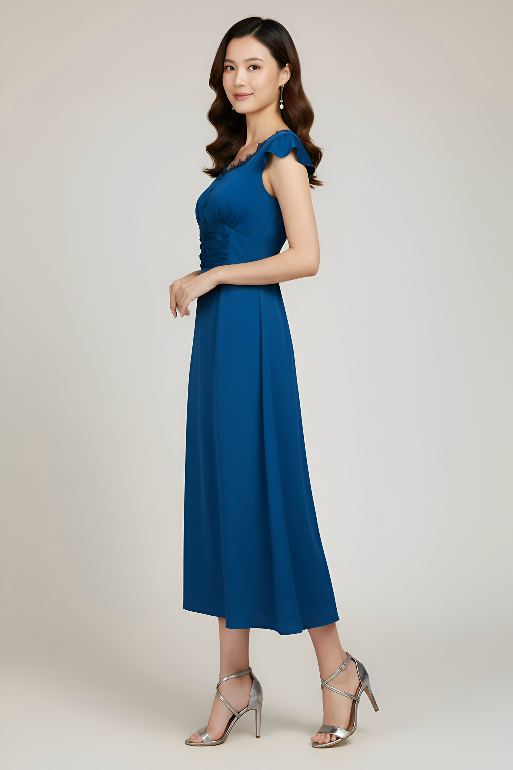 Woman wearing a blue dress on a plain background with high heels
