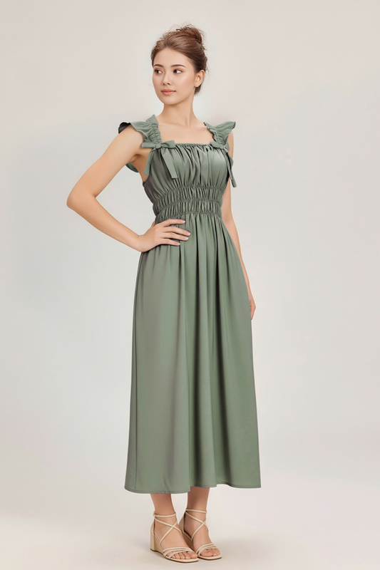 Sage Green Ruched Strap Dress