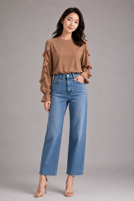 Mocha Cascading Ruffle Blouse